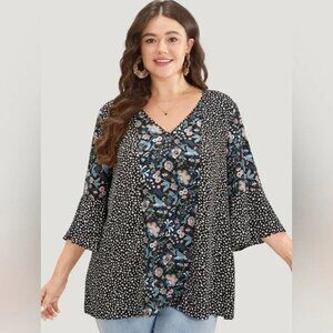 NWT 14/16 1X BloomChic Plants Print Patchwork V Neck Bell Sleeve Blouse
